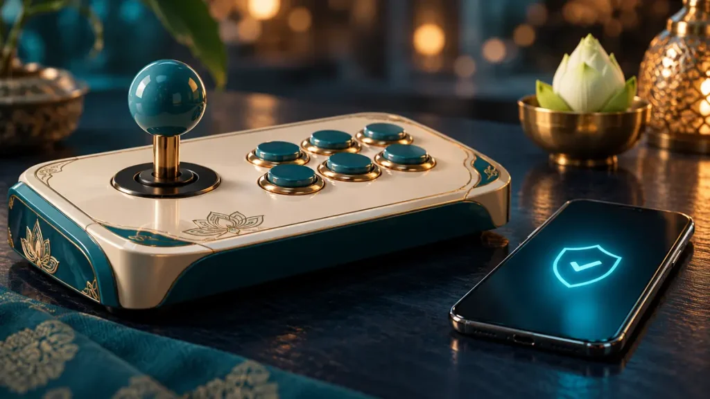 จอยสติ๊กเกมอาร์เคดข้างโทรศัพท์สัญลักษณ์โล่และดอกบัว